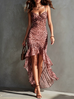 Leopard Print Chiffon Midi Slip Dress — Asymmetrical Ruffled Hem