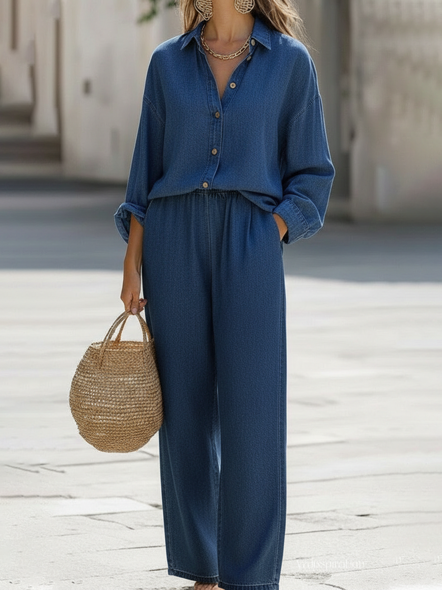 Classic Denim Shirt And Wide-leg Pants Two-piece Set