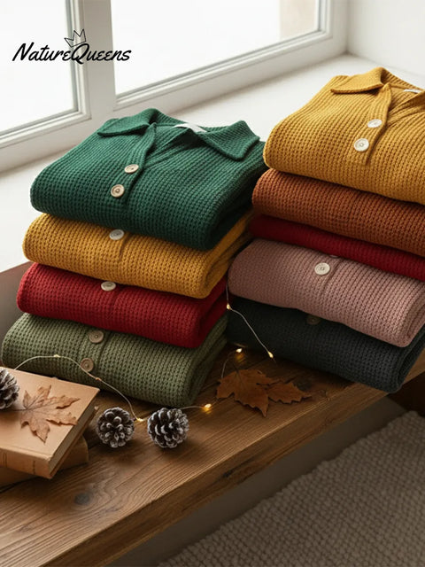 Classic Polo V-neck Button-down Waffle Sweater Top