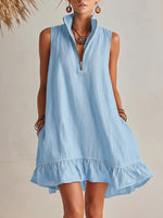 Casual Half-zip Sleeveless Linen And Cotton Dress