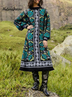 Women's Retro Floral Ethnic Print Stand Collar Long Sleeve Casual Loose Knit Dress
