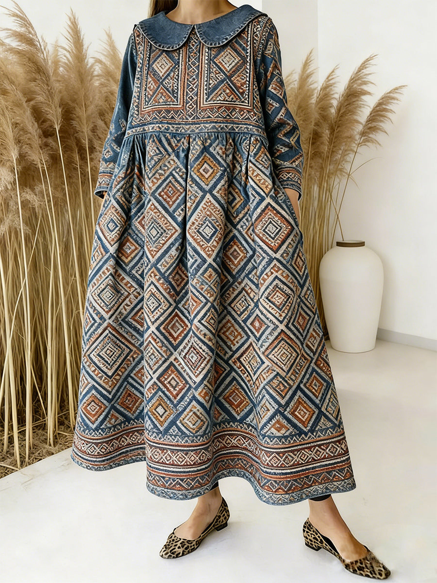Women's Retro Geometric Art Print Peter Pan Collar Long-sleeved Loose Casual Denim Dress