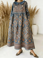 Women's Retro Geometric Art Print Peter Pan Collar Long-sleeved Loose Casual Denim Dress