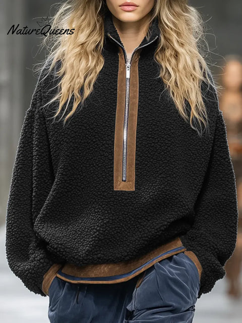 Women's Solid Color Stand Collar Long-sleeved Fleece Loose Top