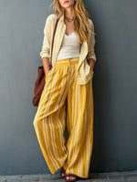 Women's Striped Print Cotton-linen Set: Casual Loose Long-sleeve Cardigan With Lapels & High-waisted Wide-leg Pants
