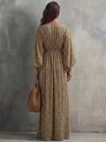 Women's Cinched Waist V-neck Leopard Print Long Dress