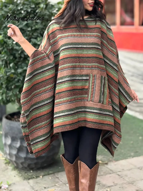 Women's Geometric Print Crew Neck Long Sleeve Casual Loose Cape Top