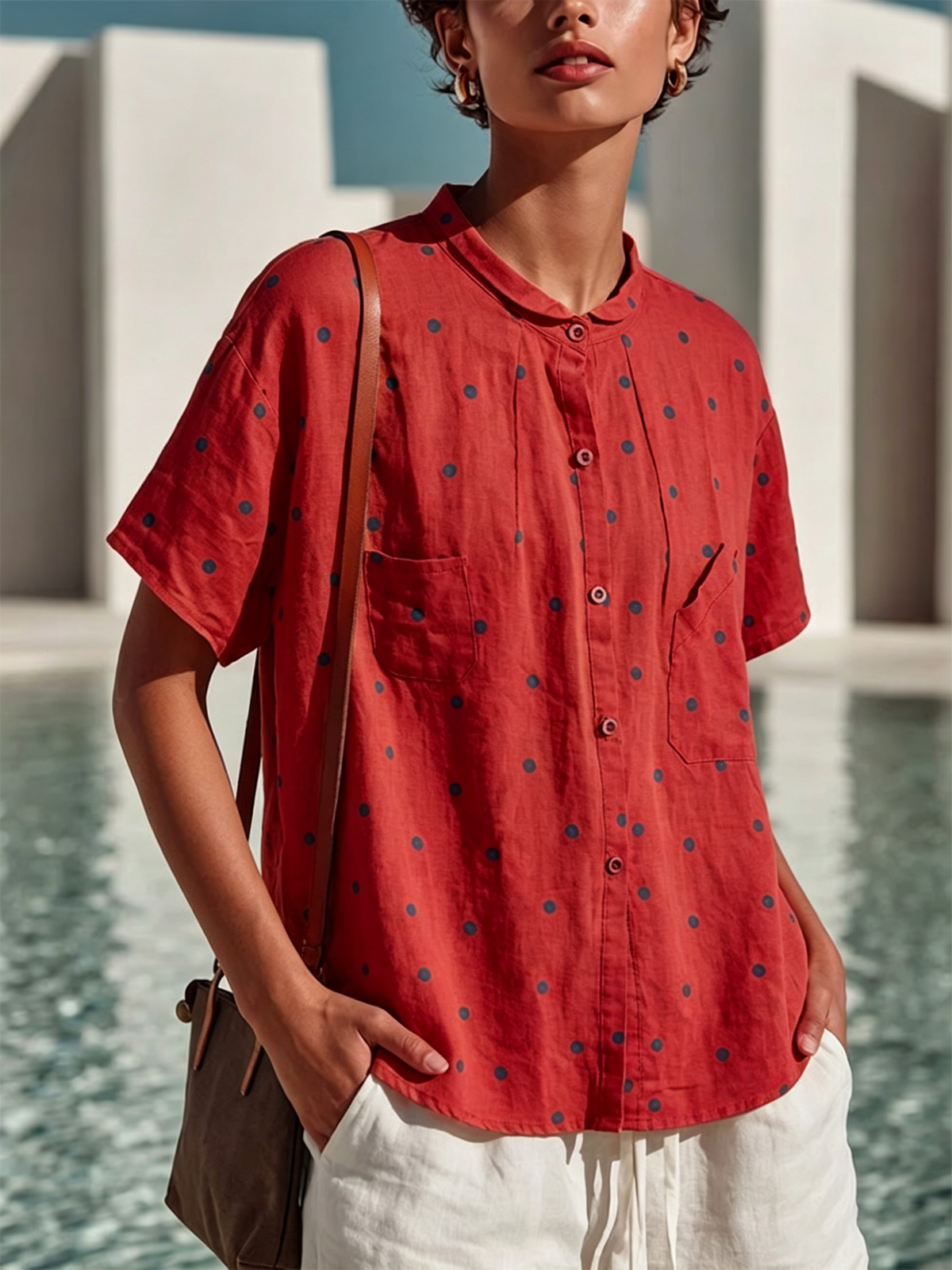 Camisa de manga corta de lino y algodón con lunares