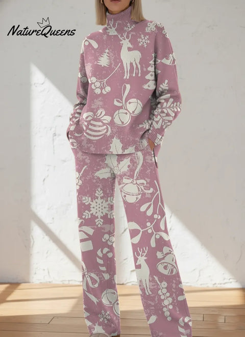 Women's Retro Christmas  Art Print Casual Knit Set