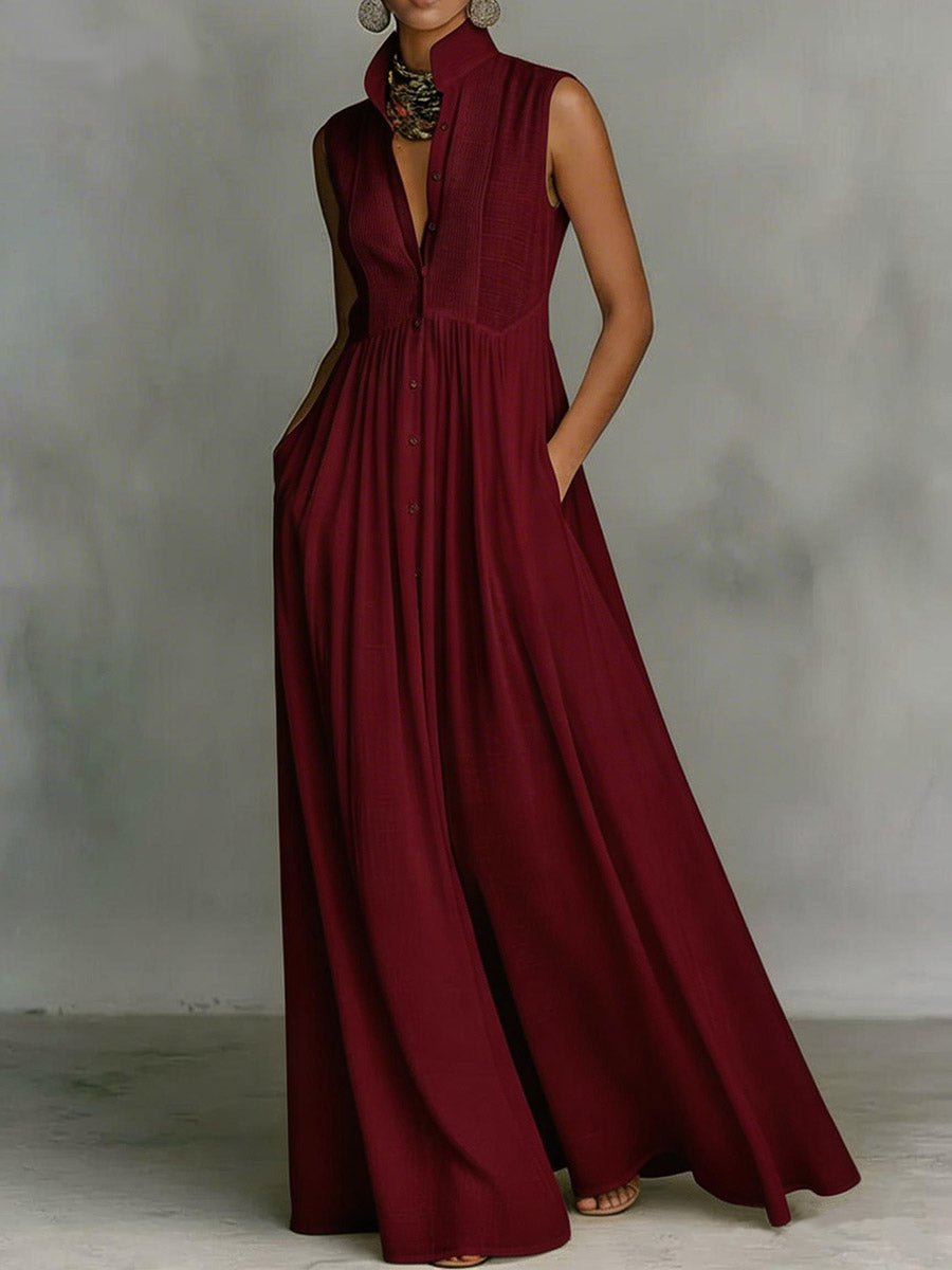 Women's Solid Color Stand Collar Sleeveless Casual Loose Cotton Linen Dress