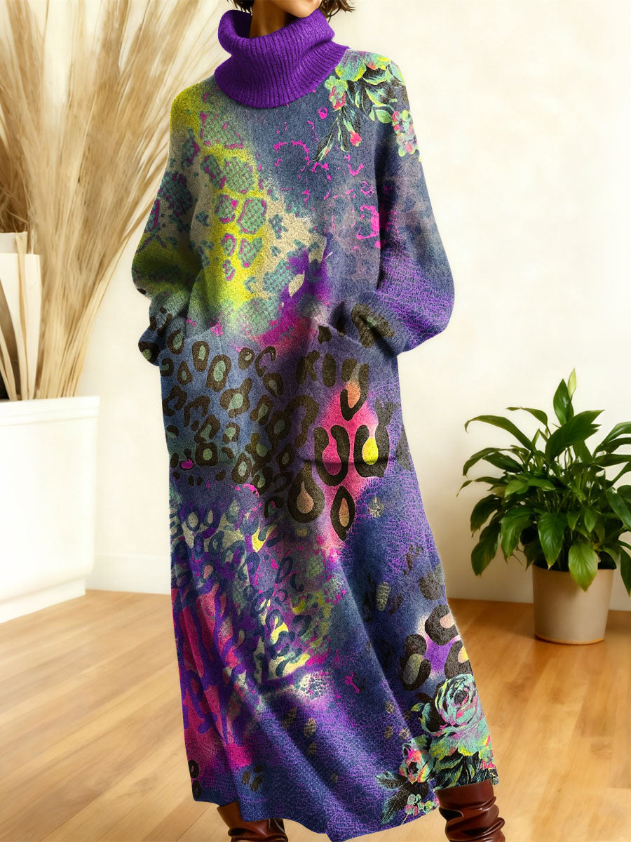 Women's Retro Colorful Leopard Patterns Art High-neck Long-sleeve Casual Loose Knit Dress