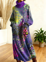 Women's Retro Colorful Leopard Patterns Art High-neck Long-sleeve Casual Loose Knit Dress