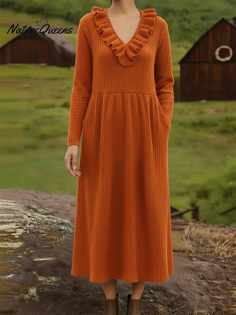 Retro Elegant V-neck Ruffled Knit Midi Dress