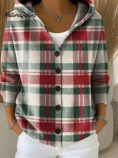 Women's Red and Green Christmas Plaid Stripes Printed Casual Hooded Button Sweater