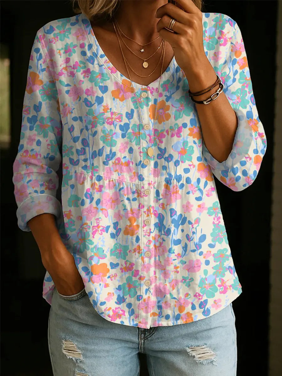 Women's Floral Pattern Art Print Casual Cotton Shirt