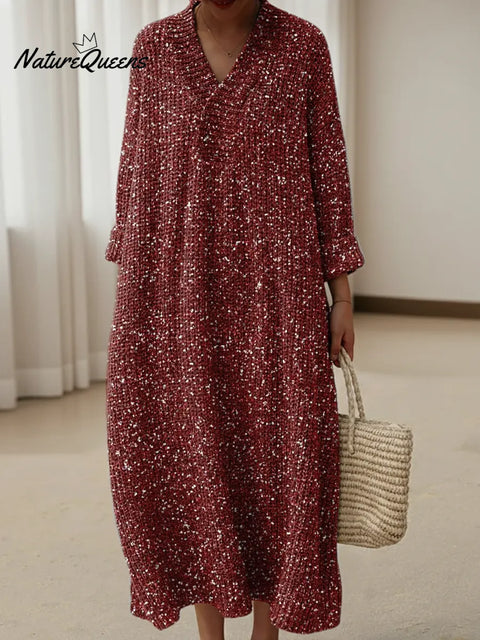 Retro Shiny Red Print Knitted V-neck Dress