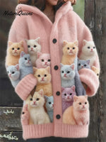 Women's Funny Cats Pattern Art Print Casual Fleece Coat