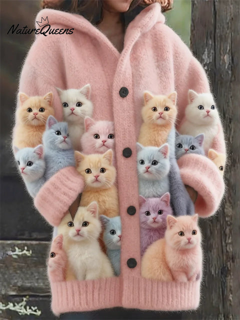 Women's Funny Cats Pattern Art Print Casual Fleece Coat