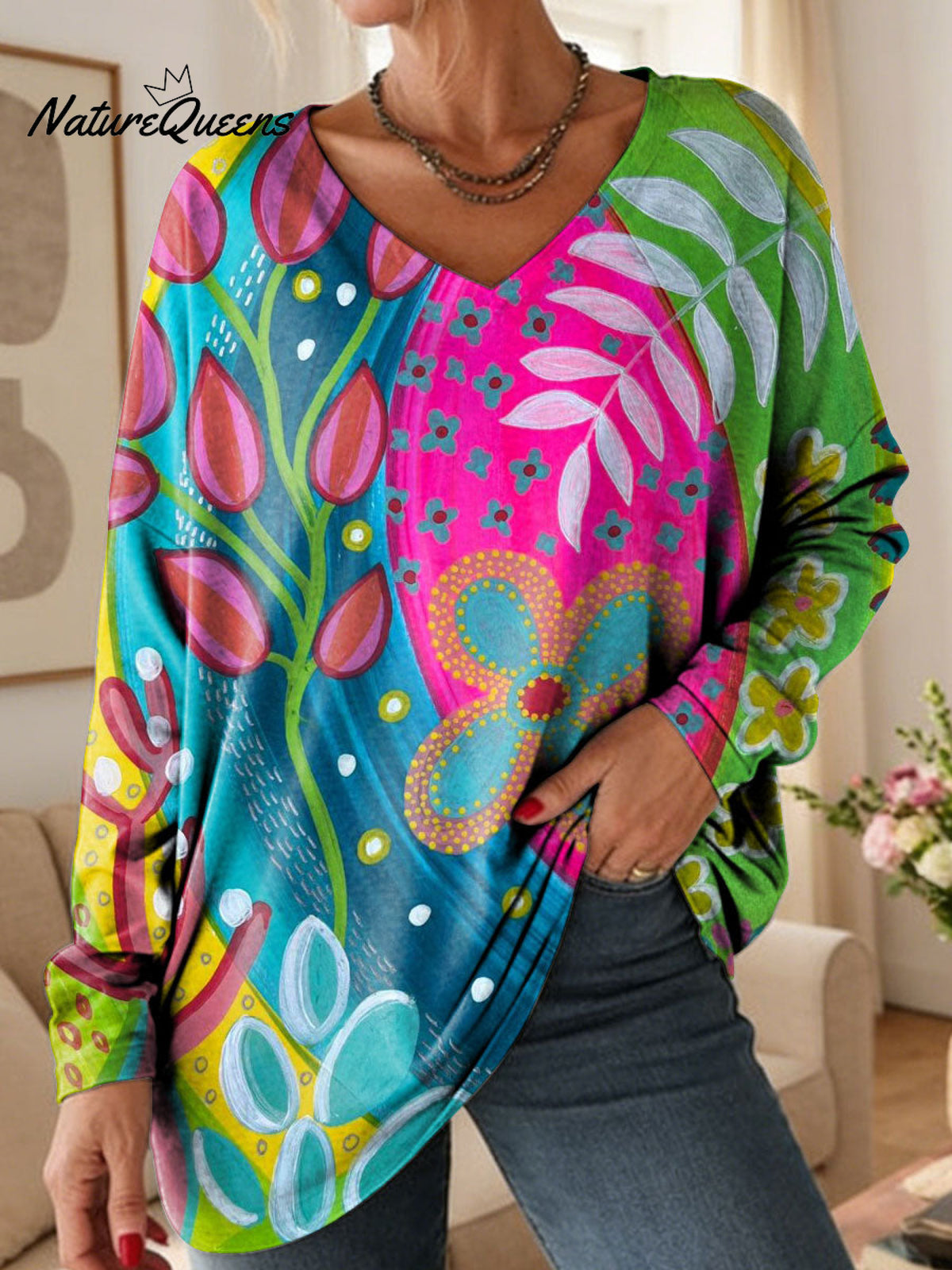 Women's Lovely Floral Flowers Pattern Art Print V-neck Casual Cotton T-shirt