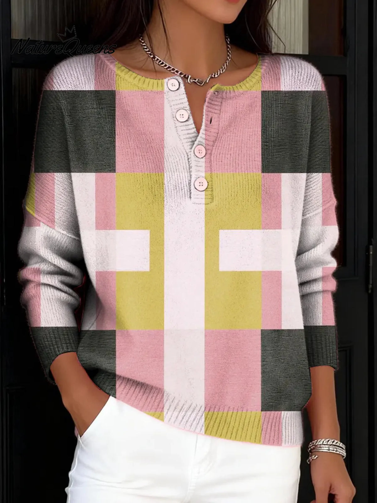 Women's VintageGeometry Pattern Art Print Buttoned Cardigan Sweater