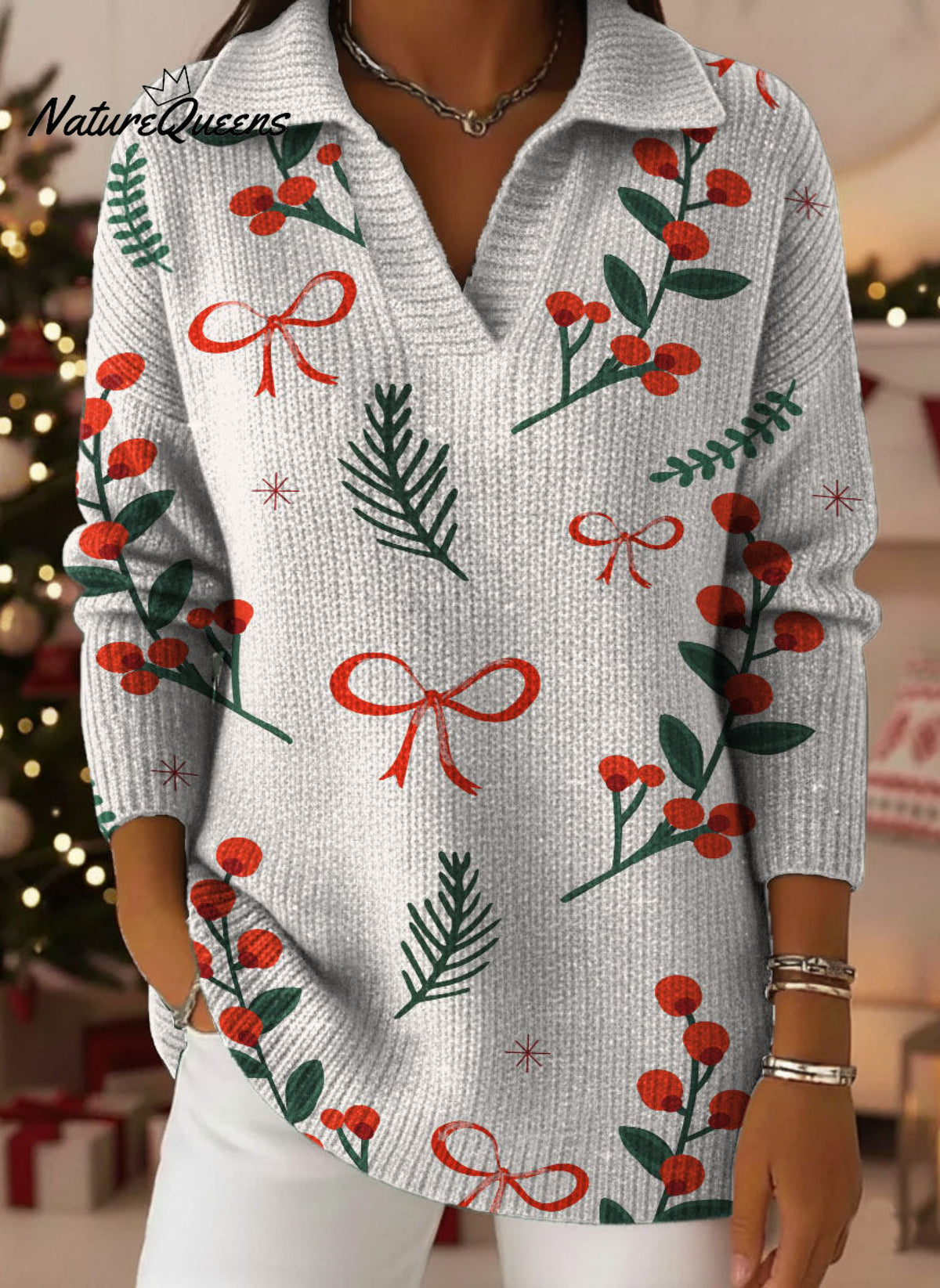 Christmas Celebration Decorative Patterns Women's Casual Shirt Collar Long Sleeve Sweater