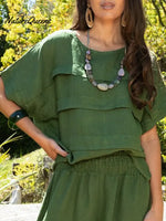 Women's Solid Color Round Neck Short-sleeved Casual Loose Pleated Cotton And Linen Top