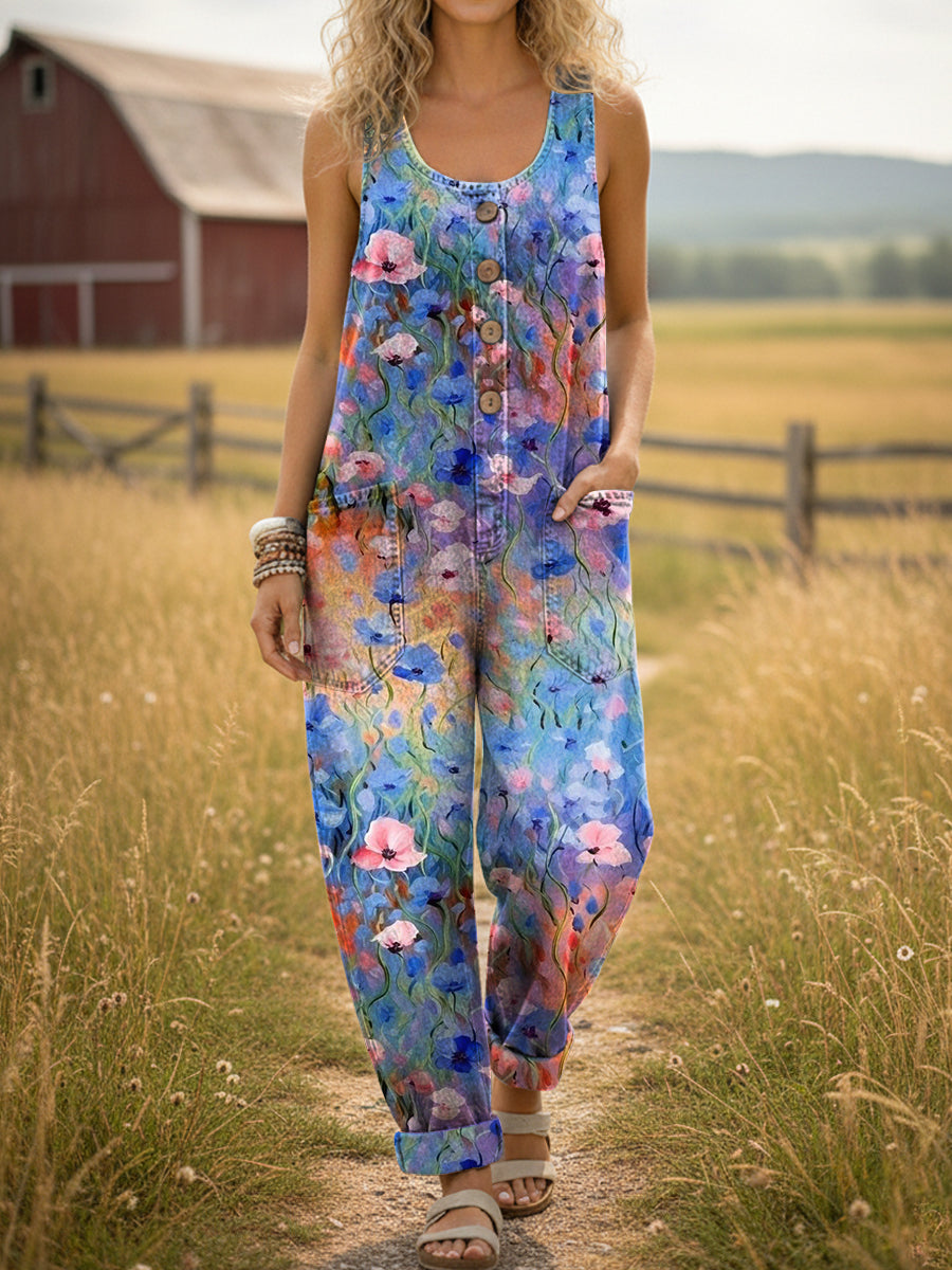 Women's Gradient Colorful Flowers Print Casual Denim Jumpsuit