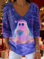 Women's Neon Lights Christmas Gifts Ghost Lights Pattern Art Print V-neck Solid Color Loose Shiny Sweater