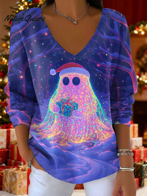 Women's Neon Lights Christmas Gifts Ghost Lights Pattern Art Print V-neck Solid Color Loose Shiny Sweater