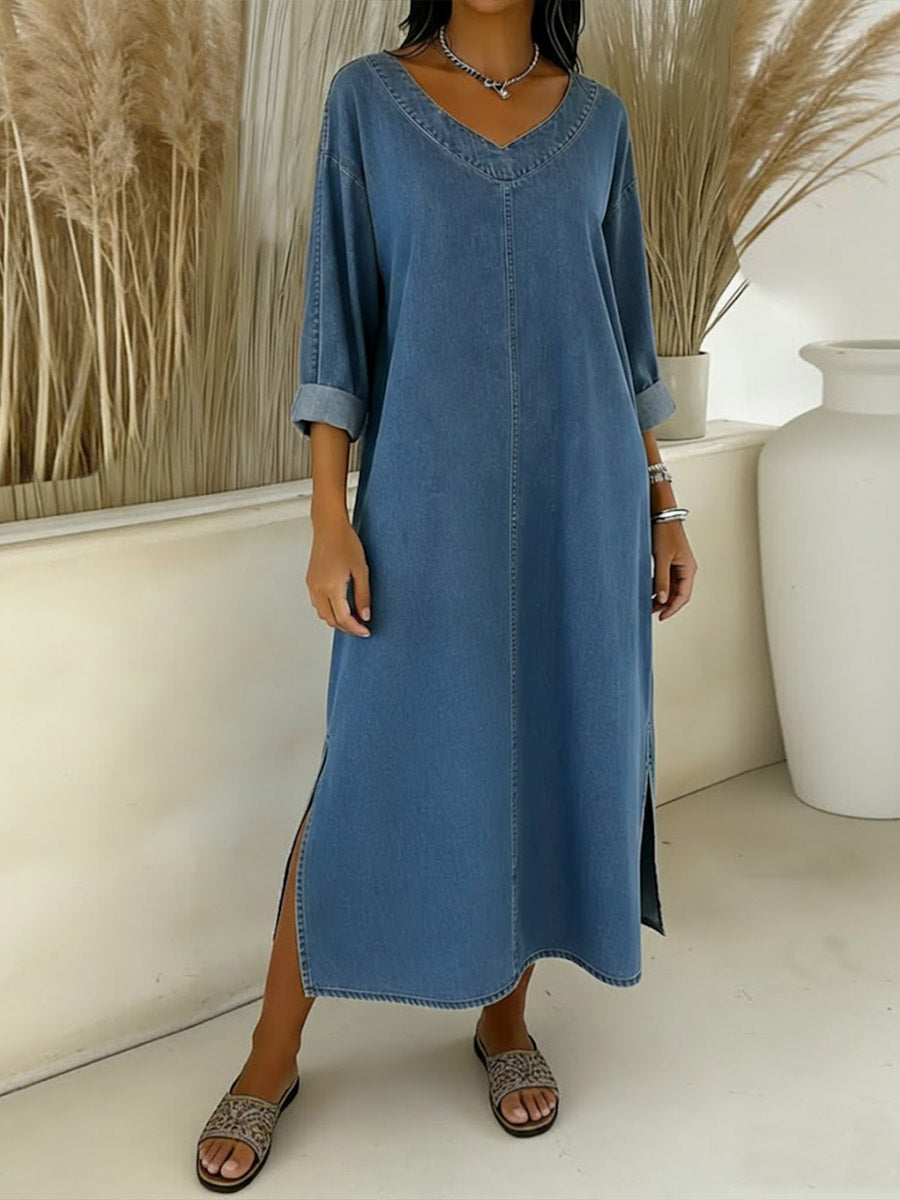 Women's New Spring Collection V-neck Long-sleeved Casual Loose Denim Dress With Side Slits.