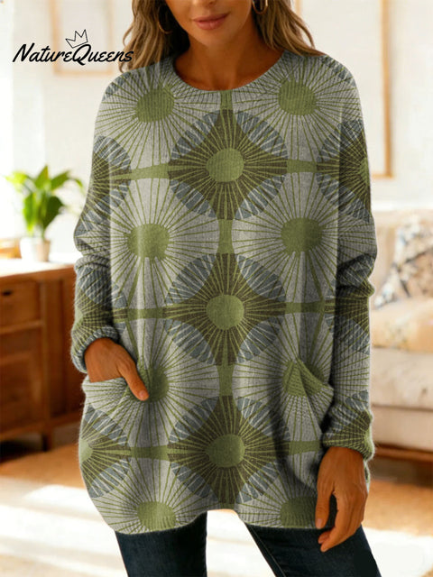 Women's Geometric Circular Decorative Patterns Casual V Collar Long Sleeve Sweater