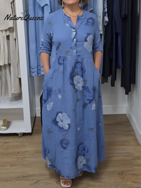 Women's floral print long-sleeved cotton and linen dress