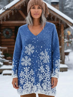 Blue Snowy Night V-neck Loose-fitting Sweater