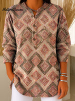 Retro Ethnic Pattern Art Polo Collar Shiny Loose Sweater Top