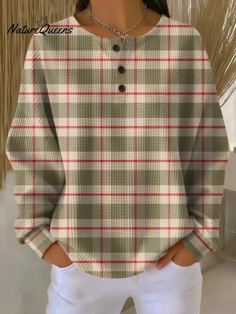 Women's Plaid Pattern Art Print Casual Waffle Sweatshirt