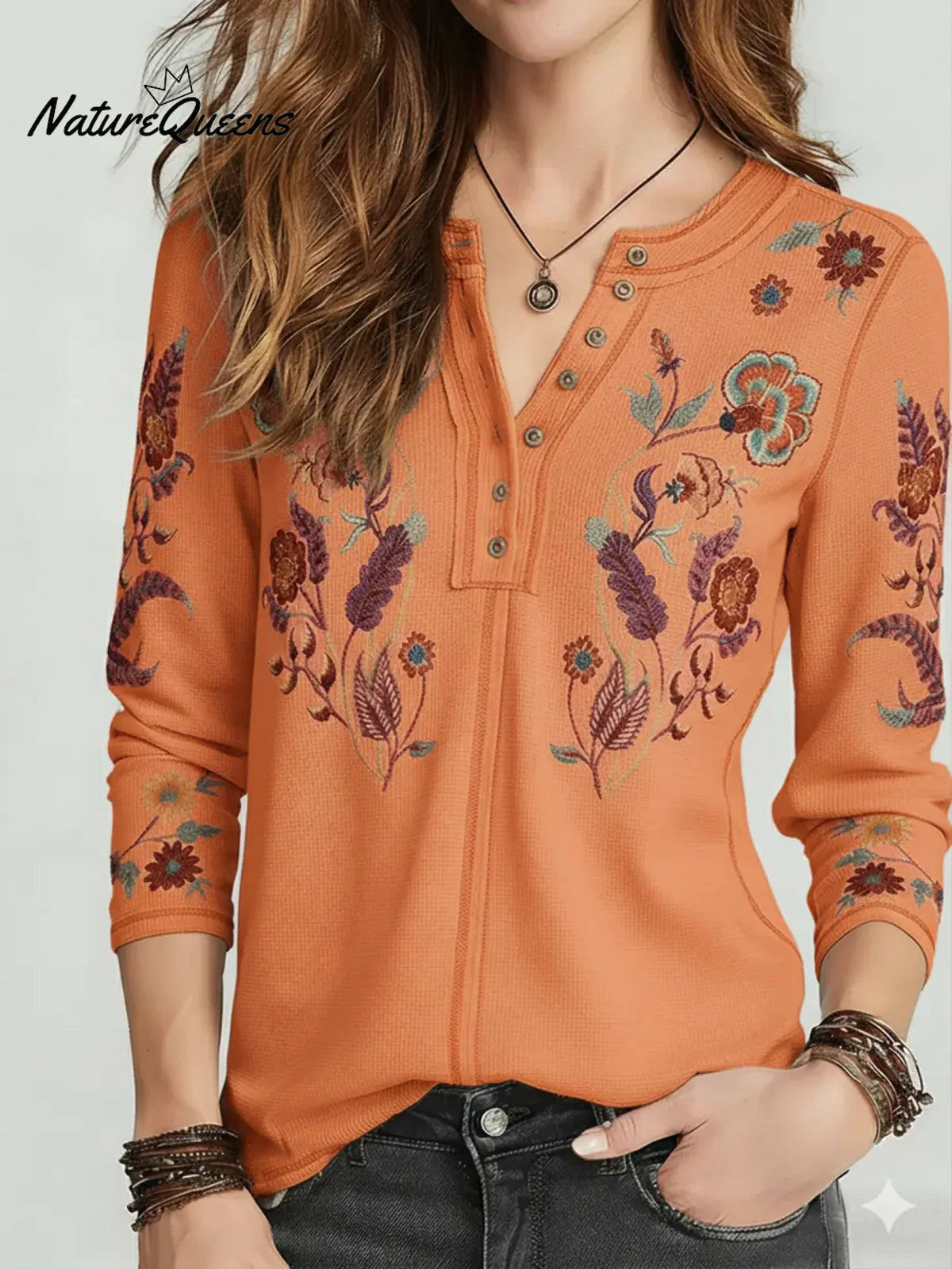 Women's Floral Print Stretch Knit Cotton Henley Top