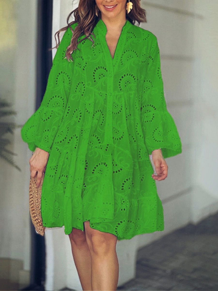 Women's Solid-color V-neck Loose-fit Dress With Embroidery And Cutout Lace