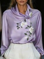 Women's Printed Stand-collar Long-sleeved Casual Loose Satin Top