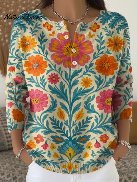 Women's Floral Pattern Art Print Casual Cardigan Sweater