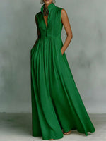 Women's Solid Color Stand Collar Sleeveless Casual Loose Cotton Linen Dress