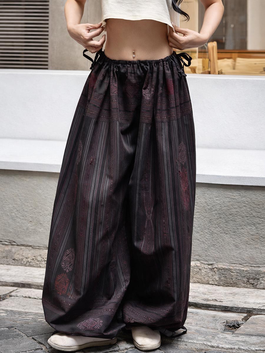 Women's Vintage-print Cotton Wide-leg Pants — Loose-fit Casual Trousers With Elastic Waist