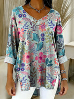 Women's Retro Gradient Flowers Floral Art Patterns Casual Washed Denim Cotton Top