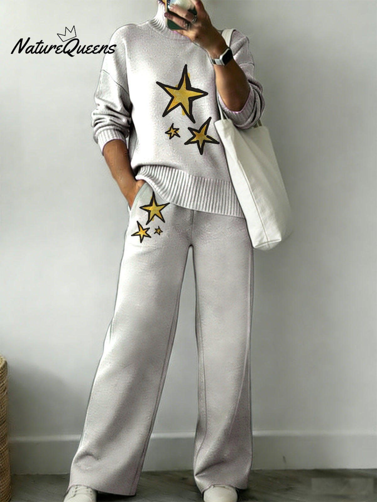 Cartoon Star Decorative Pattern Casual Stand Collar Long Sleeve Top And Elastic Waistband Pants