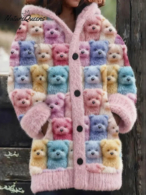 Women's Funny Dogs Pattern Art Print Casual Fleece Coat