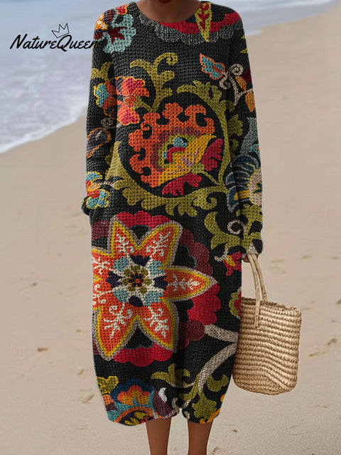 Women's Flowers Abstract Pattern Casual Round Collar Long Sleeve Dress