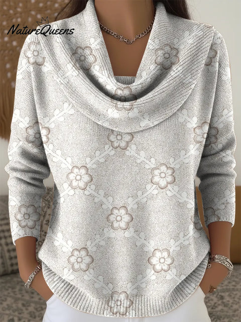 Women's Retro Small Flowers Print Cowl Neck Sweater
