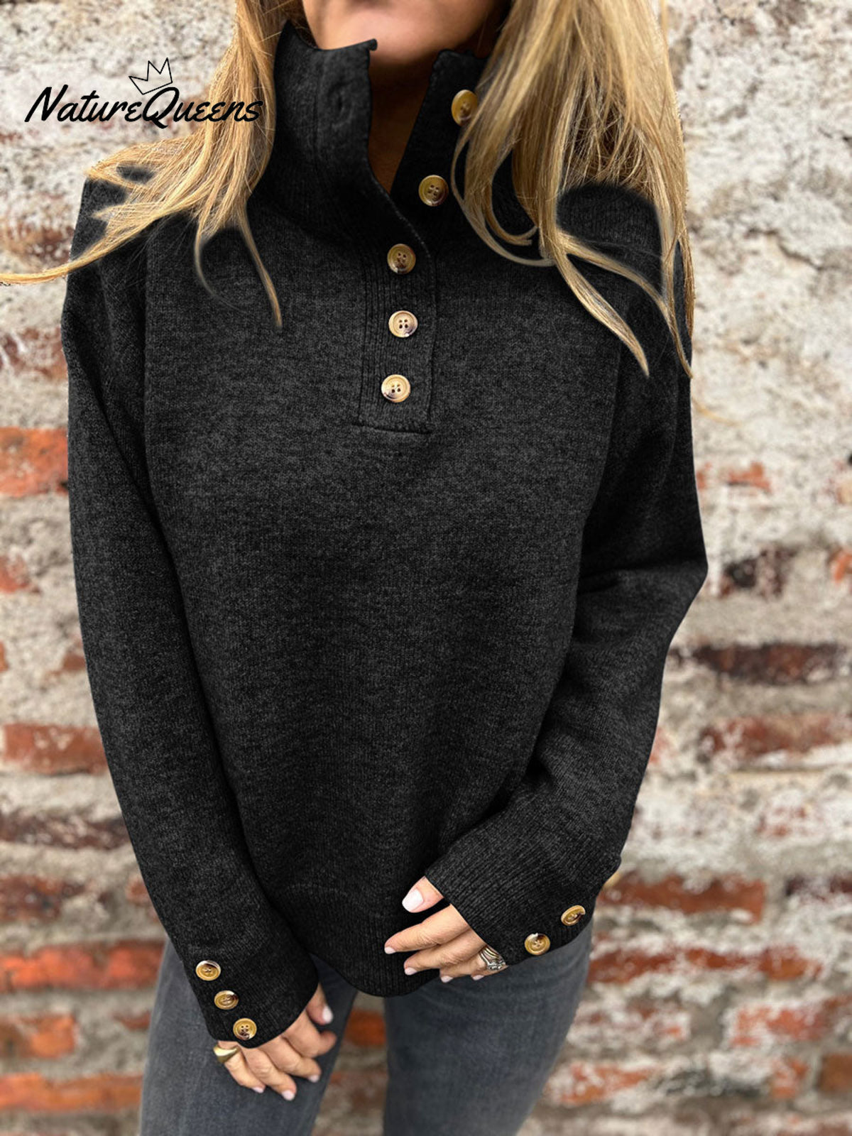 Women's Stand-up Collar Knit Solid Color Button Casual Loose Sweater