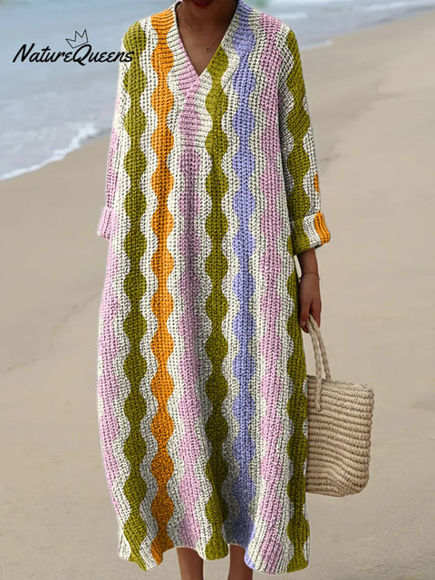Stripe Art Print Knitted V-neck Dress