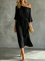 Women's One-shoulder 3/4-sleeve Side Slit And Tie Detail Dress