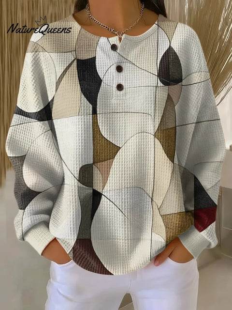 Women's Geometric Pattern Art Print Casual Waffle Sweatshirt